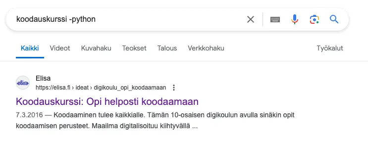 Miinusmerkin käyttäminen Google-haussa