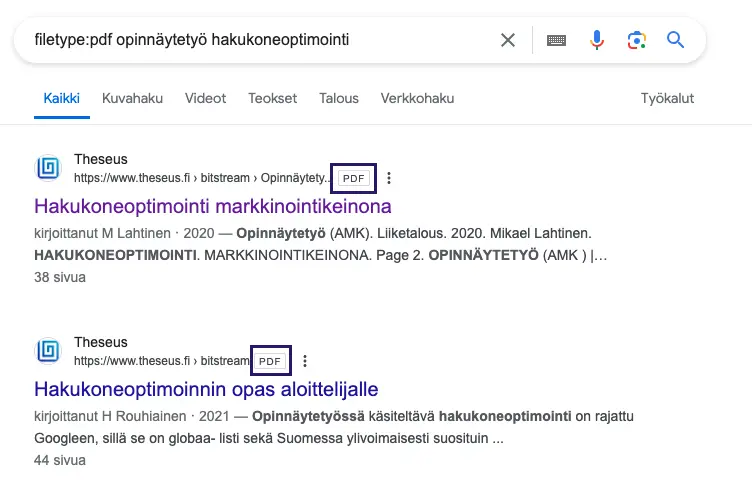 Google-haku tiedostotyypin pdf mukaan
