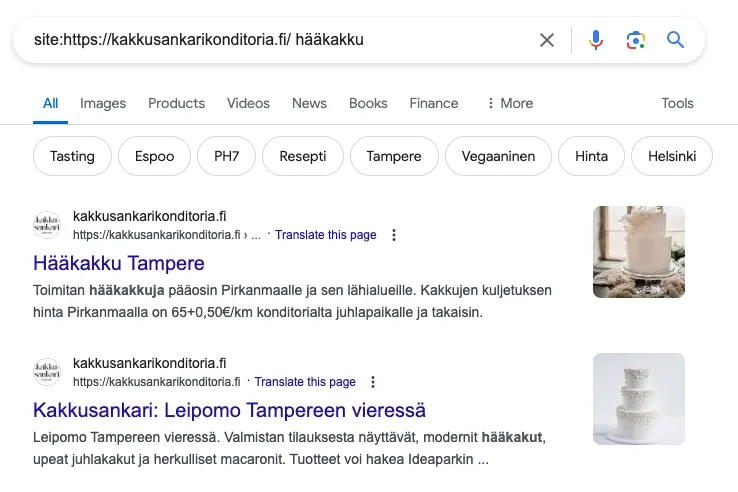 Site-komennon käyttäminen haussa