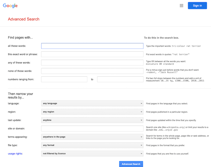 google tarkennettu haku advanced search