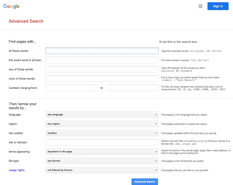 google tarkennettu haku advanced search
