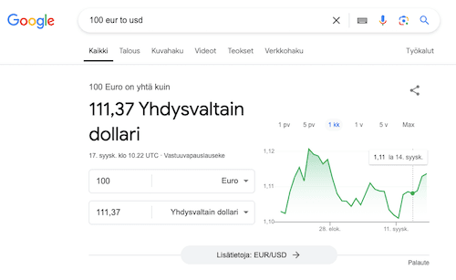 googlen yksikkömuunnin eurot dollareiksi