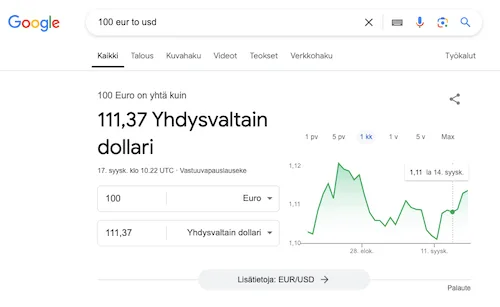 googlen yksikkömuunnin eurot dollareiksi
