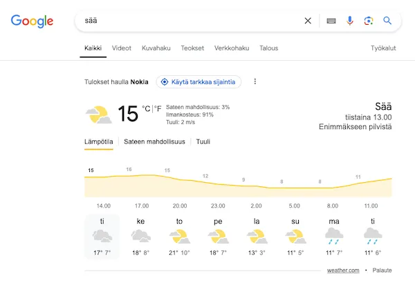 säätila googlen mukaan