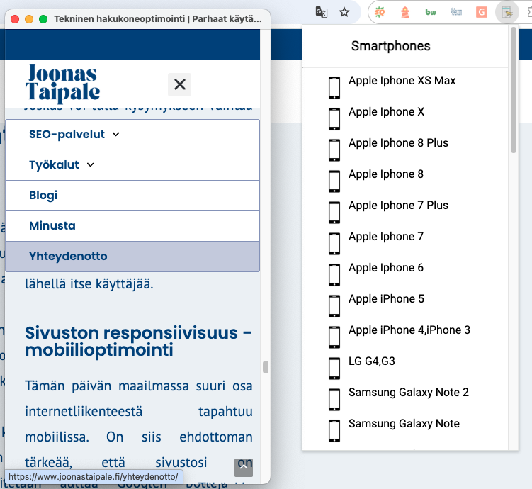 test responsive- lisäosa ja sivuston mobiilioptimointia