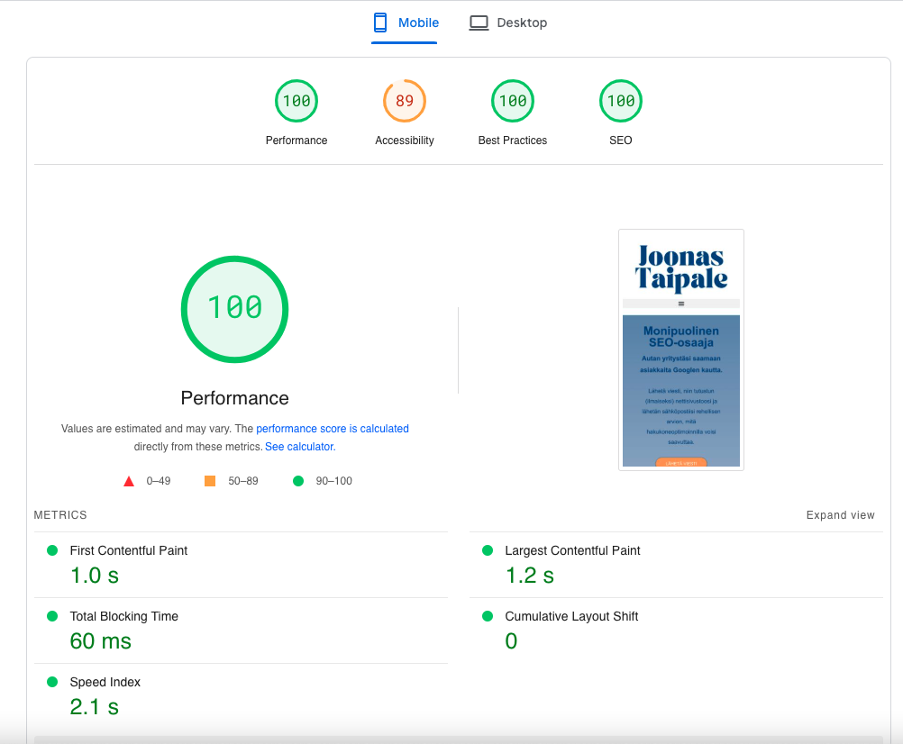 google page speed insightsin tuloksia