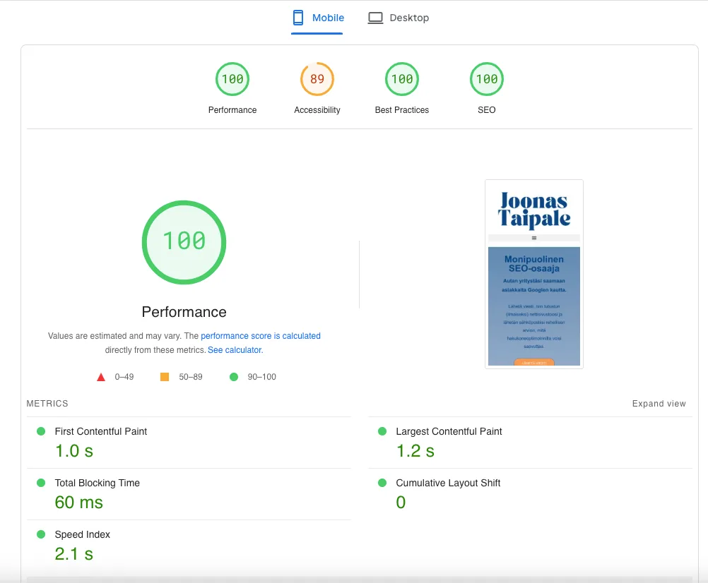 google page speed insightsin tuloksia