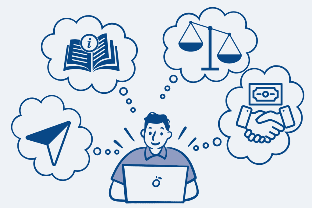 mies tietokoneella ja tekee hakua jollain neljästä hakuintentiolla