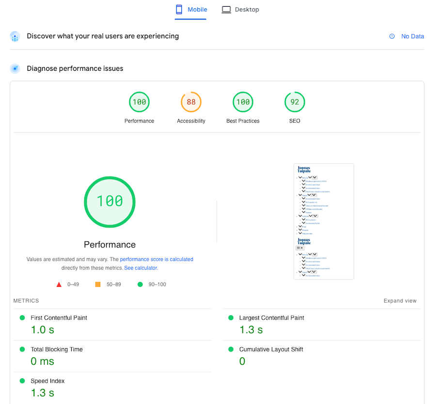 sivuston nopeuden mittaustuloksia pagespeedinsightissa