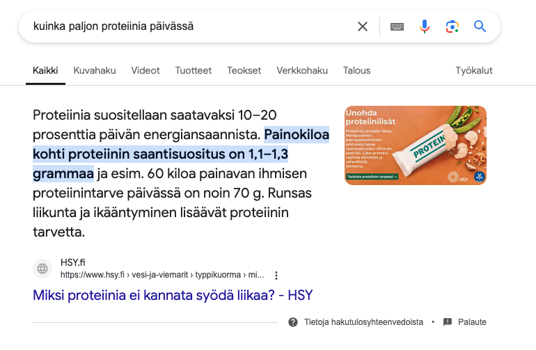 informatiivinen hakuintentio: kuinka paljon proteiini