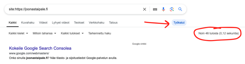 site komennon käyttö tarkastaakseen sivuston urlien määrän